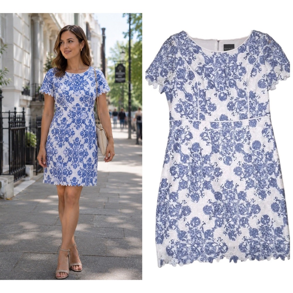 SHANI Etoile Printed Lace Sheath Dress Size 14 Blue White Cutout Cocktail $456